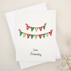 Merry Christmas Card with Festive Red & Green Bunting: Personalized Holiday Greeting