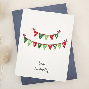 Merry Christmas Card with Festive Red & Green Bunting: Personalized Holiday Greeting