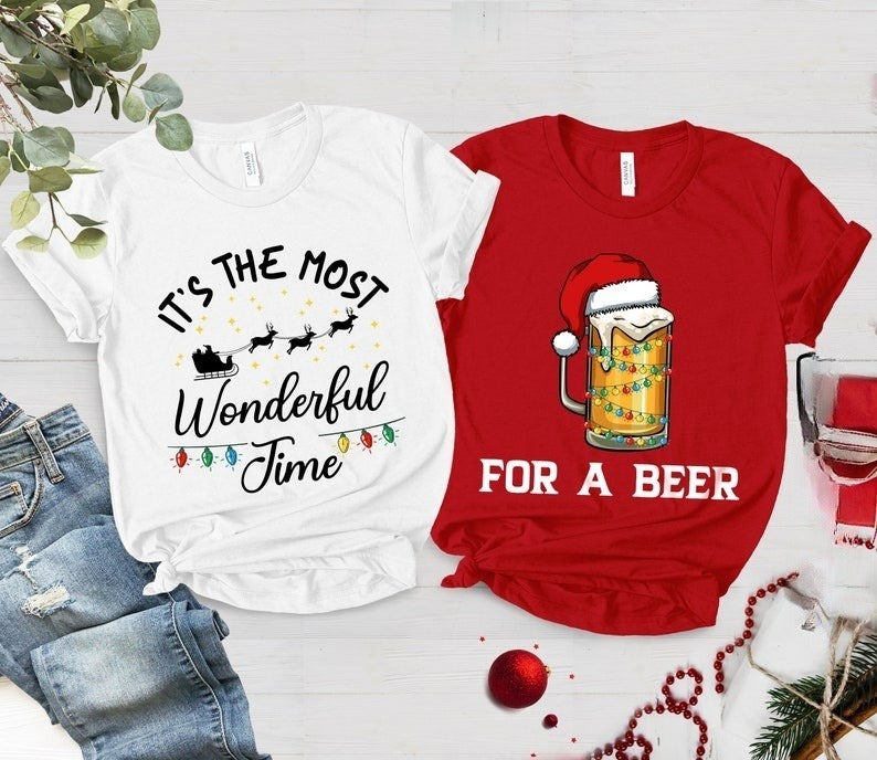 Christmas Couples Shirts, It's the Most Wonderful Time For a Beer Tee, Couples Holiday Tee, Matching Christmas Shirts, Couple Christmas Tees