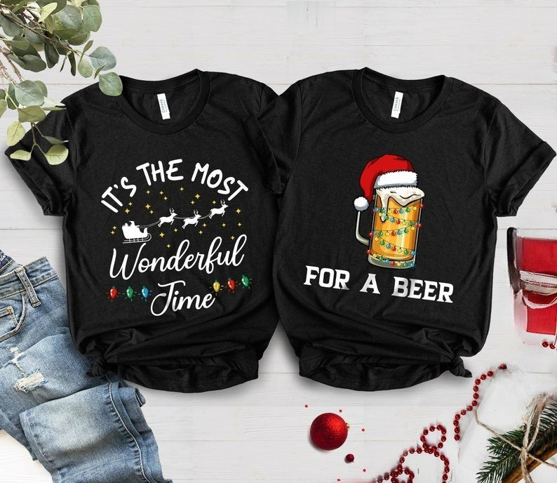 Christmas Couples Shirts, It's the Most Wonderful Time For a Beer Tee, Couples Holiday Tee, Matching Christmas Shirts, Couple Christmas Tees