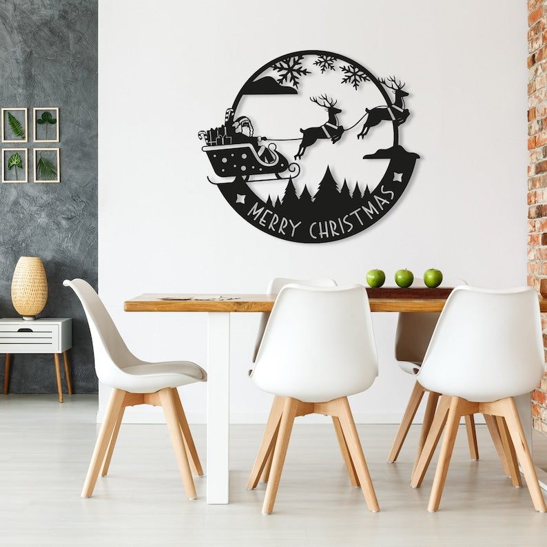 Santa Metal Christmas Wall Art, Merry Christmas Wall Decor, Deer Sign, Santa's Sleigh Wall Sign, Christmas Gift, Reign Deer, Front Door Sign