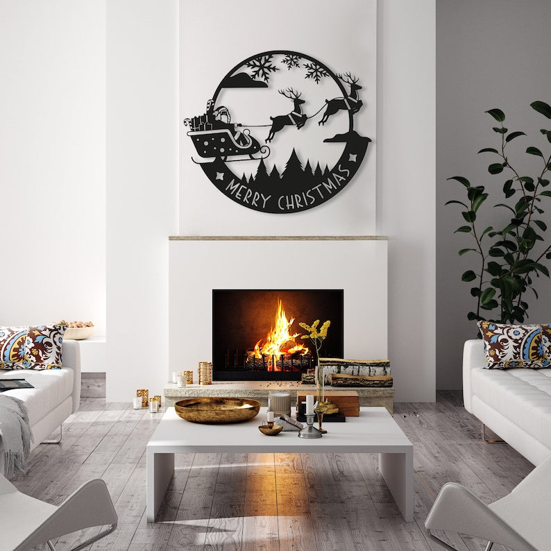 Santa Metal Christmas Wall Art, Merry Christmas Wall Decor, Deer Sign, Santa's Sleigh Wall Sign, Christmas Gift, Reign Deer, Front Door Sign