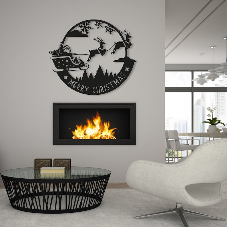 Santa Metal Christmas Wall Art, Merry Christmas Wall Decor, Deer Sign, Santa's Sleigh Wall Sign, Christmas Gift, Reign Deer, Front Door Sign