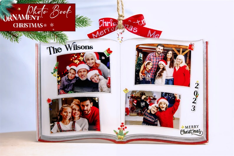 Photo Book Shaped Ornament, Personalized Custom Photo Print, Perfect Gift for Loved Ones, Customizable Gifts for Christmas Tree, Family Name