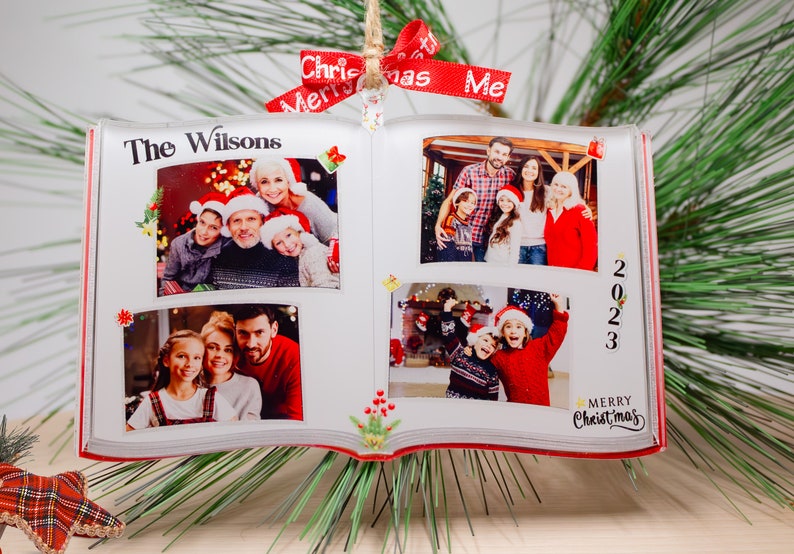 Photo Book Shaped Ornament, Personalized Custom Photo Print, Perfect Gift for Loved Ones, Customizable Gifts for Christmas Tree, Family Name