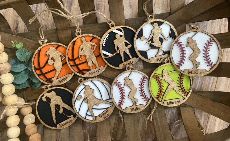Personalized Sports Ornaments | Wooden Sports Ornaments | Sports Ornament Custom Name Baseball Basketball Swim Volleyball Tennis Hockey