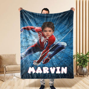 Custom Cartoon Blanket with Face, Blanket with Cartoon Name, Funny Christmas Gifts, Superhero Spider Man Blanket, Captain America Blanket