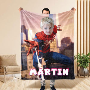 Custom Cartoon Blanket with Face, Blanket with Cartoon Name, Funny Christmas Gifts, Superhero Spider Man Blanket, Captain America Blanket