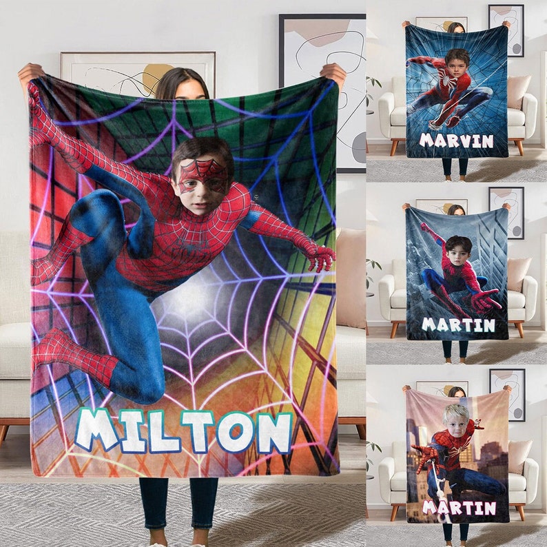 Custom Cartoon Blanket with Face, Blanket with Cartoon Name, Funny Christmas Gifts, Superhero Spider Man Blanket, Captain America Blanket