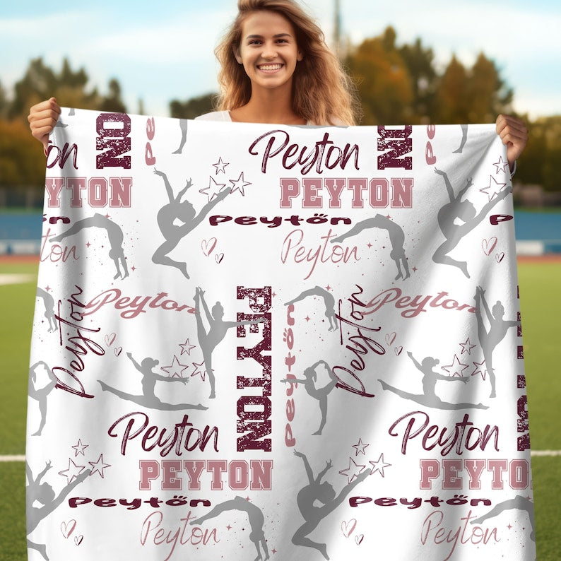 Personalized Gymnastics Blanket, Custom Girl Name Collage with Gymnastics Pattern, Personalized Gift for Gymnasts, Make Your Gift Personal