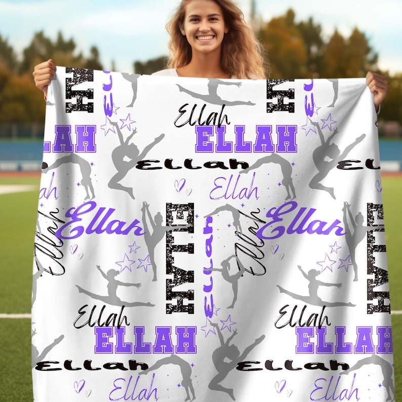 Personalized Gymnastics Blanket, Custom Girl Name Collage with Gymnastics Pattern, Personalized Gift for Gymnasts, Make Your Gift Personal