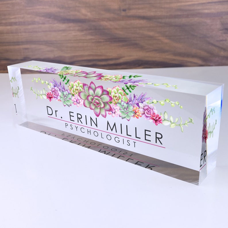 Office Desk Name Plate Personalized | Custom Name Plates for Desks | Flowers Designs On Clear Acrylic Glass | Office Desk Decor