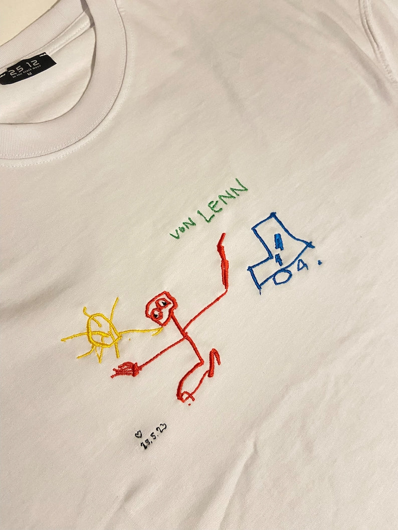 Personalized kids drawing artwork shirt - Embroidered custom photo shirt - Handmade shirt