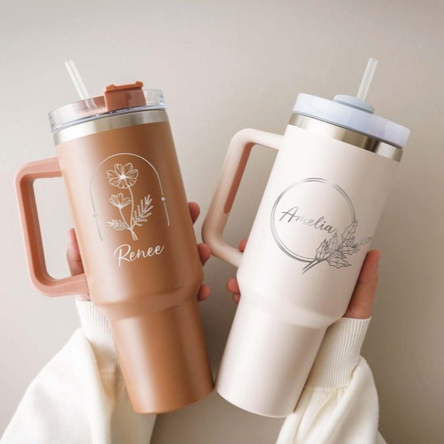 Custom 40oz Tumbler, Birth Flower Tumbler Bridesmaid Tumblers, Personalized Travel Cup with Handle & Straw, Birthday Gift for Best Friend