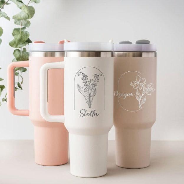 Custom 40oz Tumbler, Birth Flower Tumbler Bridesmaid Tumblers, Personalized Travel Cup with Handle & Straw, Birthday Gift for Best Friend