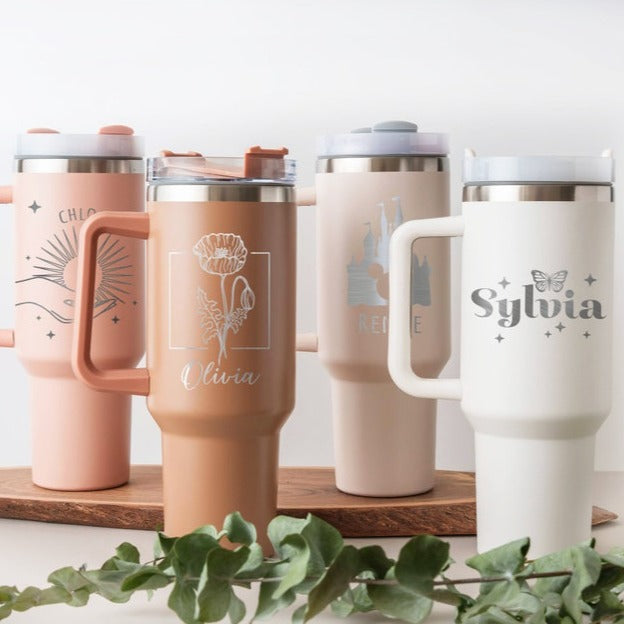 Custom 40oz Tumbler, Birth Flower Tumbler Bridesmaid Tumblers, Personalized Travel Cup with Handle & Straw, Birthday Gift for Best Friend