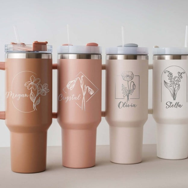 Custom 40oz Tumbler, Birth Flower Tumbler Bridesmaid Tumblers, Personalized Travel Cup with Handle & Straw, Birthday Gift for Best Friend