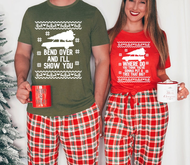 Bend Over and I'll Show You Christmas Couple Matching Shirt Funny Christmas Couples T-Shirt Holiday Couples Shirt Christmas Vacation Shirt