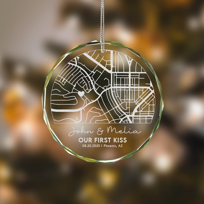 Personalize Map Our First Date Crystal Ornament, Custom Couple Anniversary Gift, Gift For Couple, Our First Christmas Ornament