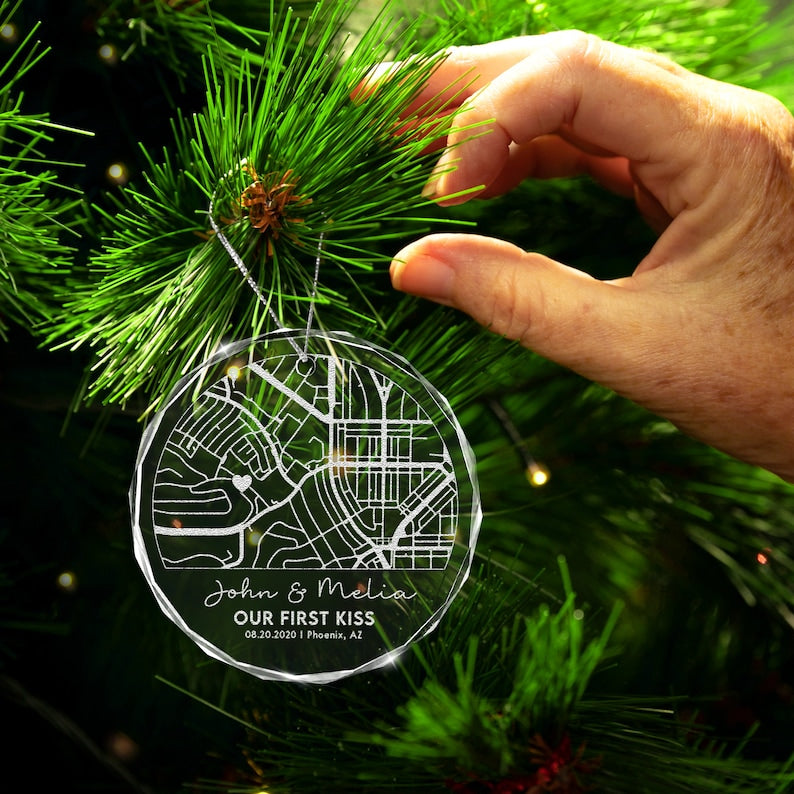 Personalize Map Our First Date Crystal Ornament, Custom Couple Anniversary Gift, Gift For Couple, Our First Christmas Ornament