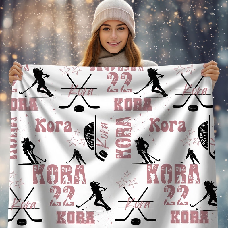 Ice Hockey Girl Personalized Blanket, Custom Name Hockey Throw, Gift for Hockey Fan, Blanket For Hockey Player, Matching Sport Team Gift