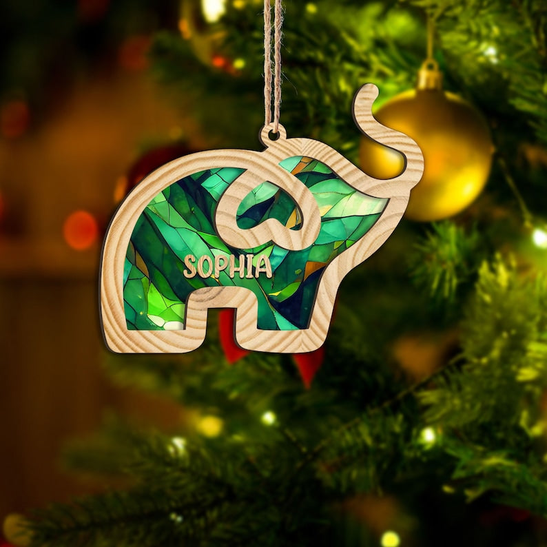 Personalized Elephant Layered Wood Ornament, Custom Elephant Christmas Tree Ornament, Elephant Christmas Home Decor, Gift for Elephant Lover