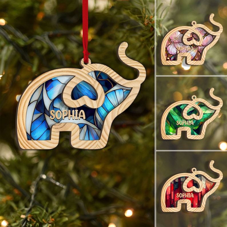 Personalized Elephant Layered Wood Ornament, Custom Elephant Christmas Tree Ornament, Elephant Christmas Home Decor, Gift for Elephant Lover
