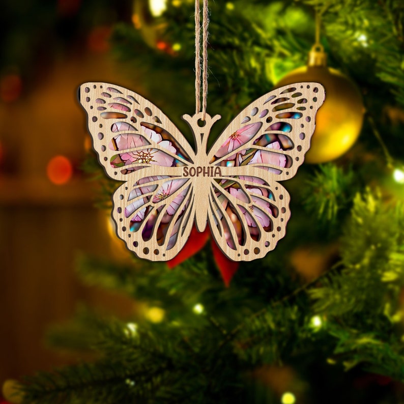 Personalized Butterfly Layered Wood Ornament, Custom Butterfly Christmas Tree Ornament, Butterfly Christmas Home Decor, Butterfly Lover Gift
