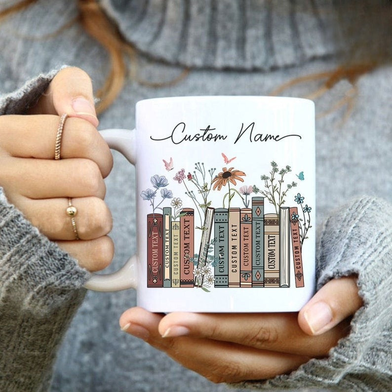 Personalized Floral Books Mug, Favorite Bookshelf Coffee Mug, Custom Tittle & Name Librarian Bookworm Gift for Reader, Gift for Book Lovers