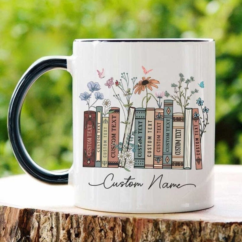 Personalized Floral Books Mug, Favorite Bookshelf Coffee Mug, Custom Tittle & Name Librarian Bookworm Gift for Reader, Gift for Book Lovers
