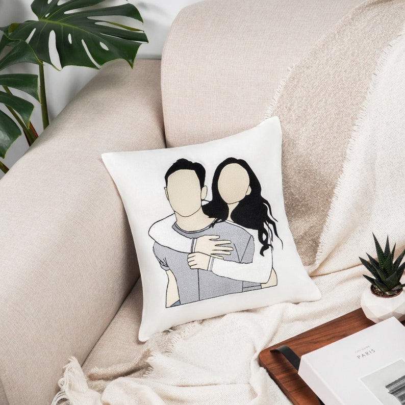 Portrait from Photo Embroidered Pillow, Custom Faceless Portrait Pillow, Couple Portrait Gift, Gift for Her, Gift for Him, Anniversary Gift