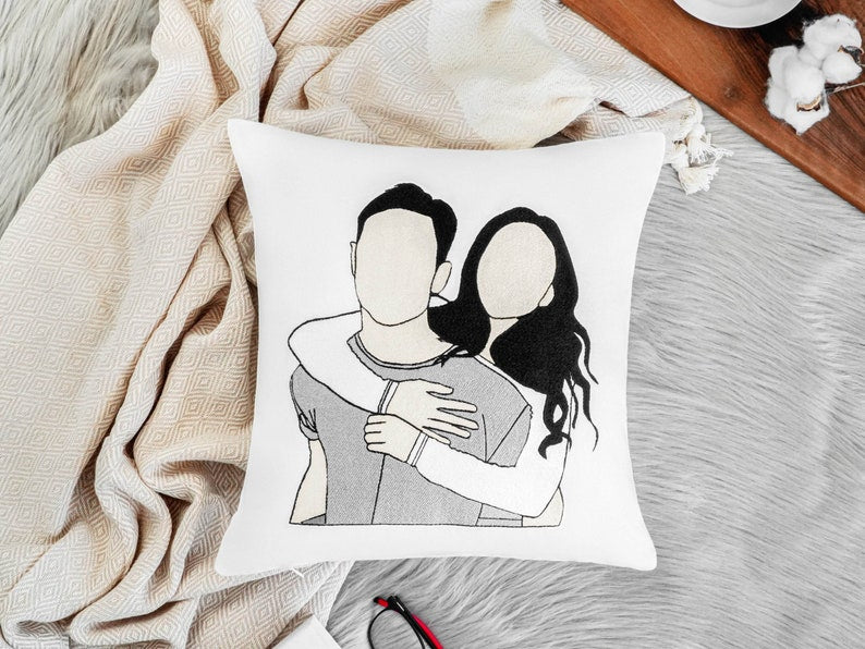 Portrait from Photo Embroidered Pillow, Custom Faceless Portrait Pillow, Couple Portrait Gift, Gift for Her, Gift for Him, Anniversary Gift