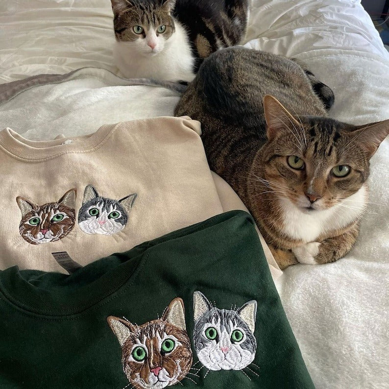 Personalized Embroidered Custom Cat Face with photo Sweatshirt