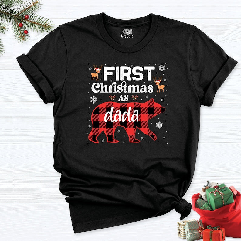 First Christmas as Dad Mom Baby Shirt, Personalized Bear First Christmas Family Shirts, Buffalo Plaid Bear Matching First Christmas Shirts