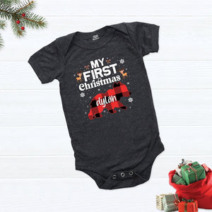 First Christmas as Dad Mom Baby Shirt, Personalized Bear First Christmas Family Shirts, Buffalo Plaid Bear Matching First Christmas Shirts