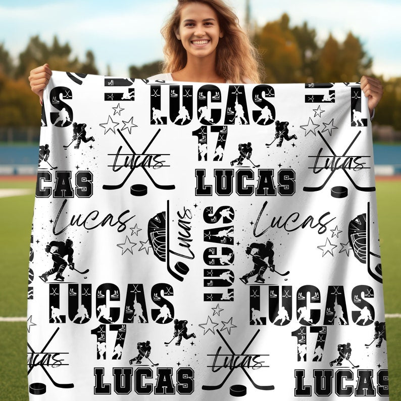 Ice Hockey Boy Personalized Blanket, Custom Name Hockey Throw, Gift for Hockey Fan, Blanket For Hockey Player, Matching Sport Team Gift