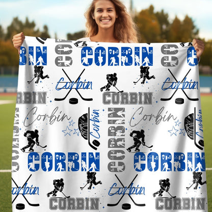 Ice Hockey Boy Personalized Blanket, Custom Name Hockey Throw, Gift for Hockey Fan, Blanket For Hockey Player, Matching Sport Team Gift