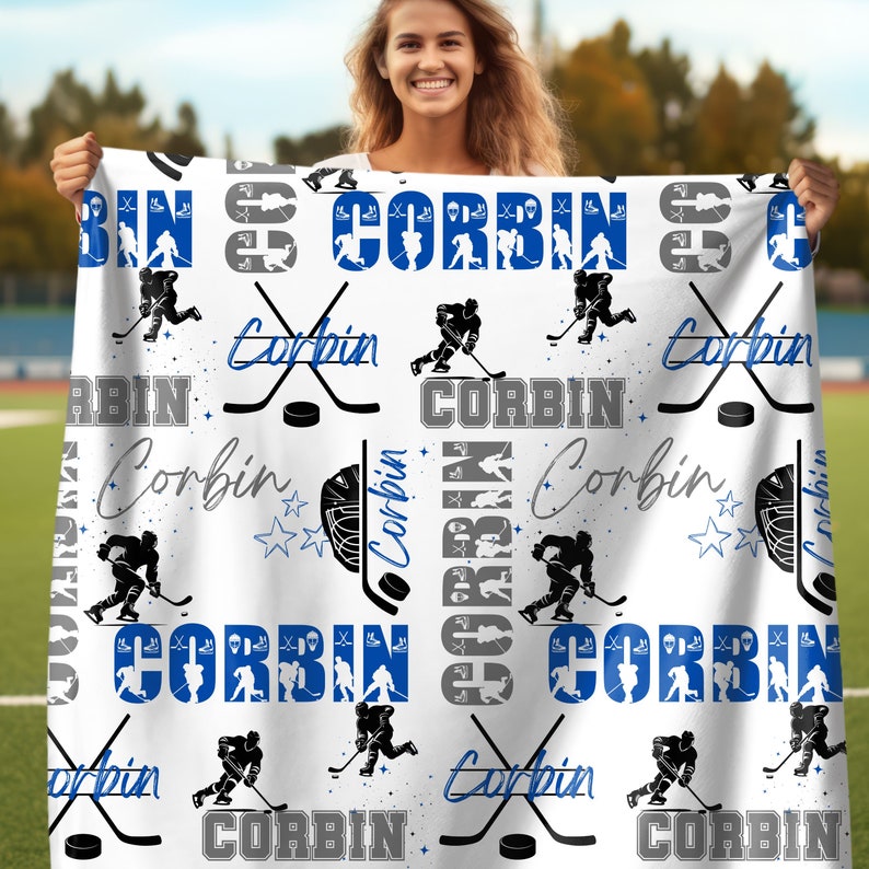 Ice Hockey Boy Personalized Blanket, Custom Name Hockey Throw, Gift for Hockey Fan, Blanket For Hockey Player, Matching Sport Team Gift