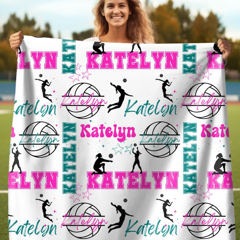 Volleyball Girl Personalized Blanket, Custom Girl Name Collage with Volleyball Pattern, Gift for Volleyball Player, Custom Team Throw