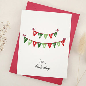 Merry Christmas Card with Festive Red & Green Bunting: Personalized Holiday Greeting