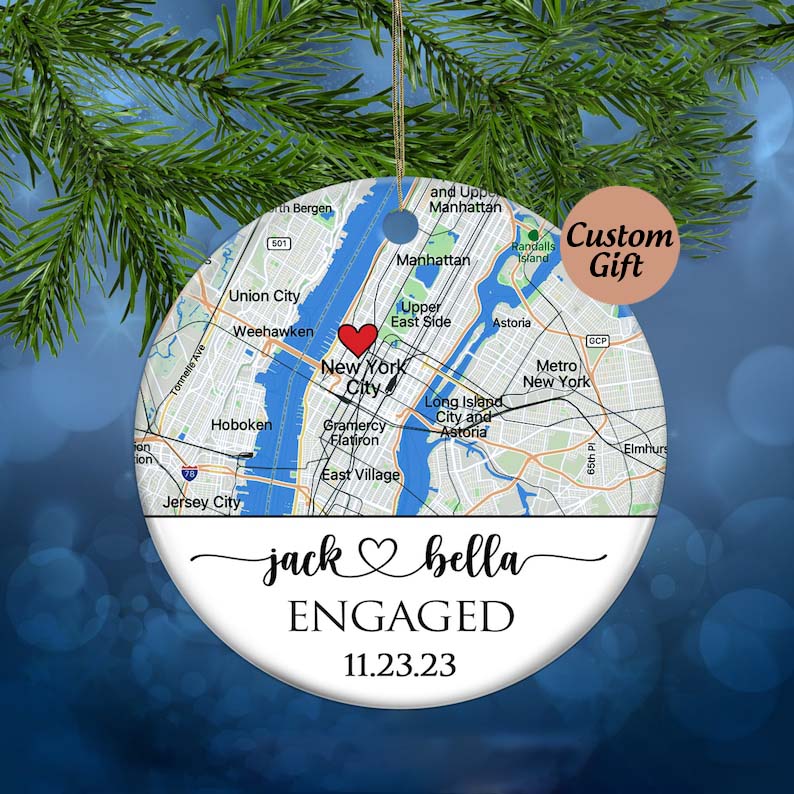 Engagement Ornament Gift, Map Ornament, Engagement Map, Personalized Engagement Gift for Couple, Engagement Ornament, Christmas Gift for her
