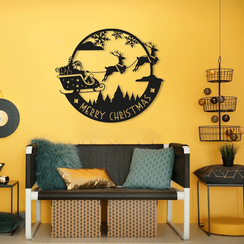 Santa Metal Christmas Wall Art, Merry Christmas Wall Decor, Deer Sign, Santa's Sleigh Wall Sign, Christmas Gift, Reign Deer, Front Door Sign