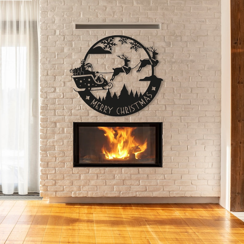 Santa Metal Christmas Wall Art, Merry Christmas Wall Decor, Deer Sign, Santa's Sleigh Wall Sign, Christmas Gift, Reign Deer, Front Door Sign