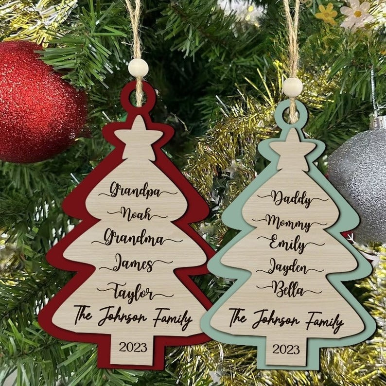 Christmas Name Ornament Tree Laser Cut, Christmas Ornament, Christmas Tree Family, 3-8 Family Members