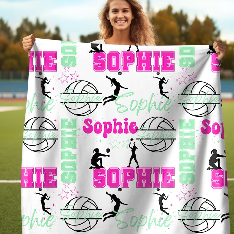 Volleyball Girl Personalized Blanket, Custom Girl Name Collage with Volleyball Pattern, Gift for Volleyball Player, Custom Team Throw