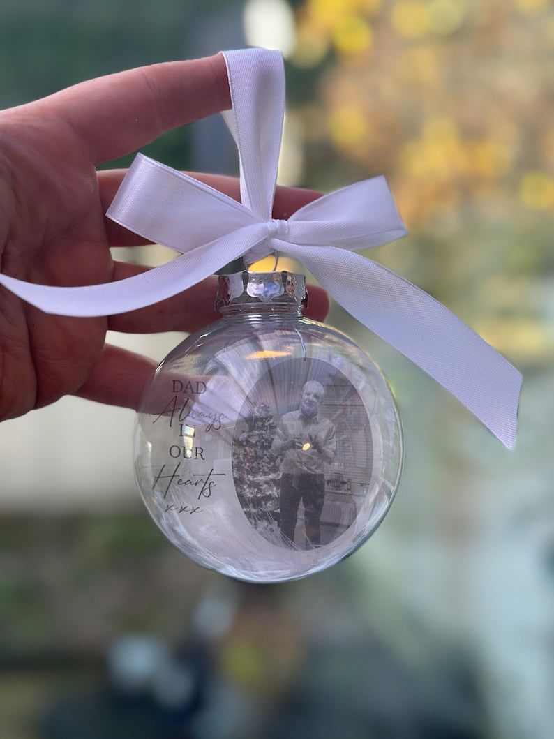 Floating Photo memorial Memory Bauble, Special Bauble, Personalised Bauble, Special Memory Bauble, Photo Bauble, Feathers, Memorial Gift