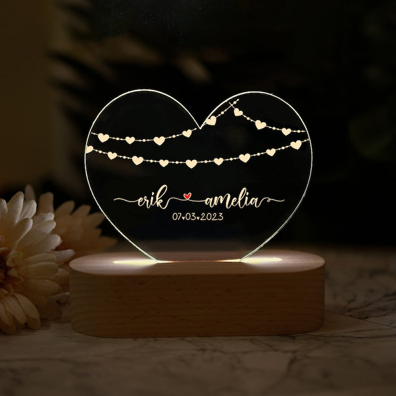 Personalized Heart Night Light, Custom Wedding Gift, Anniversary Decor