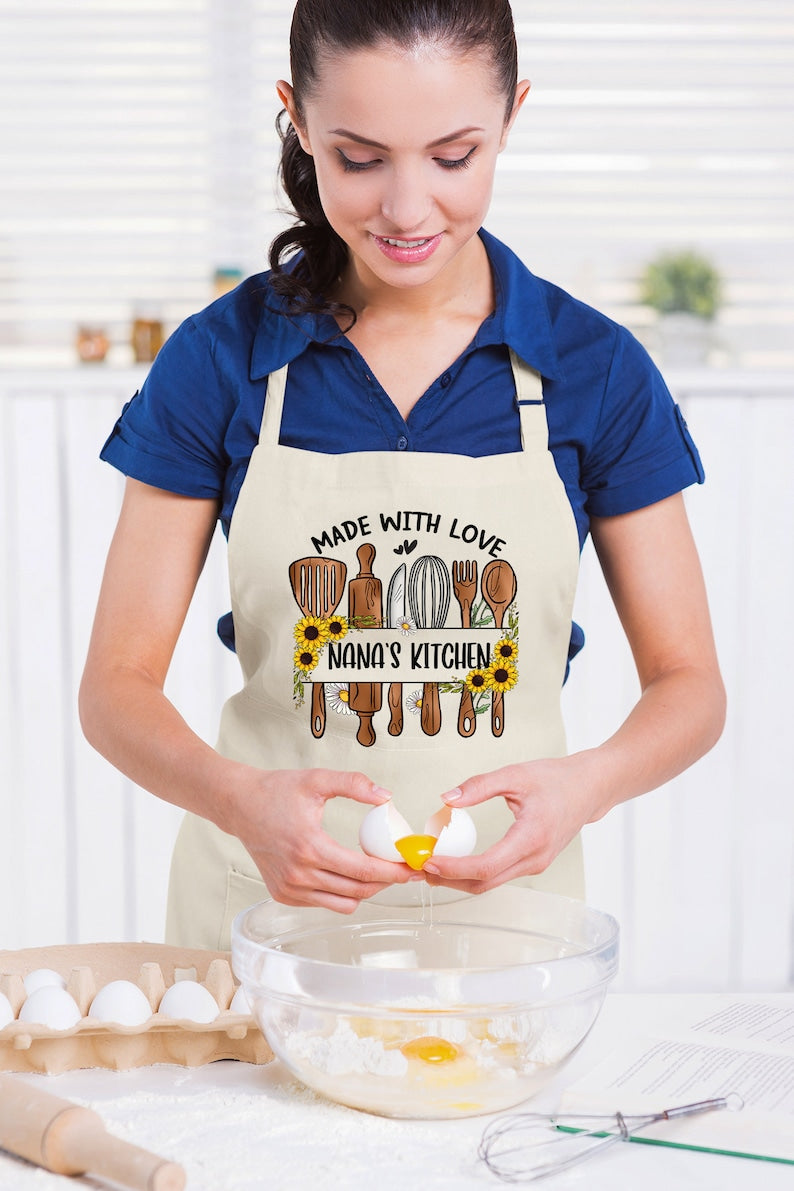 Personalized Apron With Pockets, Nana Apron Made With Love, Mama Apron Gift, Valentine Mothers Day or Birthday Gift for Nana or Grandma