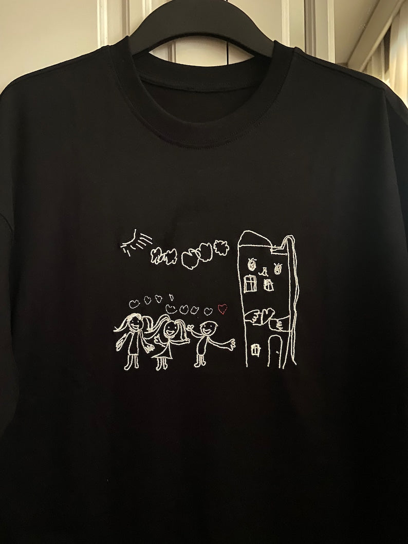 Personalized kids drawing artwork shirt - Embroidered custom photo shirt - Handmade shirt