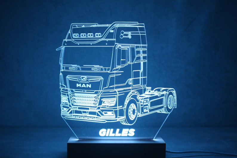 Personalized LED Lamp | MAN TGX Truck Engraved | Plexiglass night light | Beech Base | Road Driver Gift | Personalized Truck Lamp